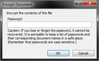 Screenshot showing the dialogue box for password protecting a spreadsheet
